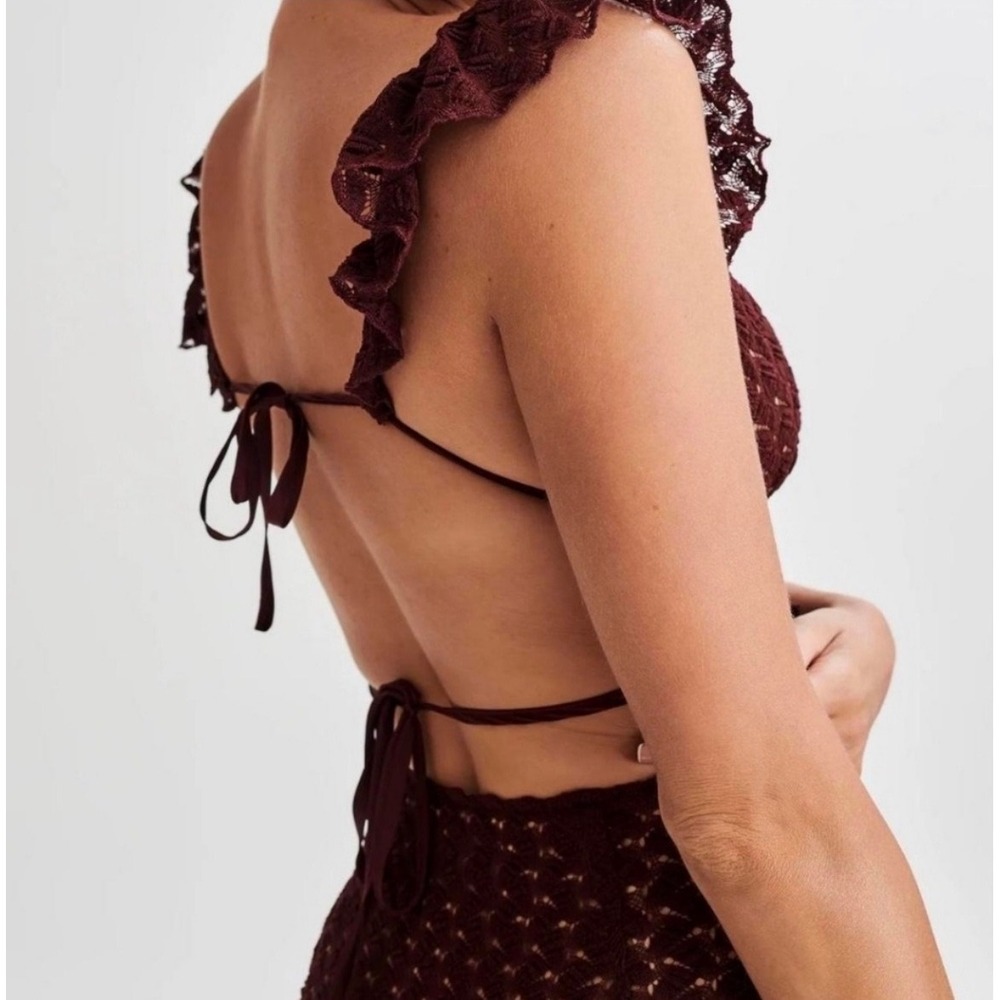 MESHKI Ezra Lace Maxi Dress XXS Open Back Ruffle Sleeve Mermaid Gown Wine - Picture 2 of 8